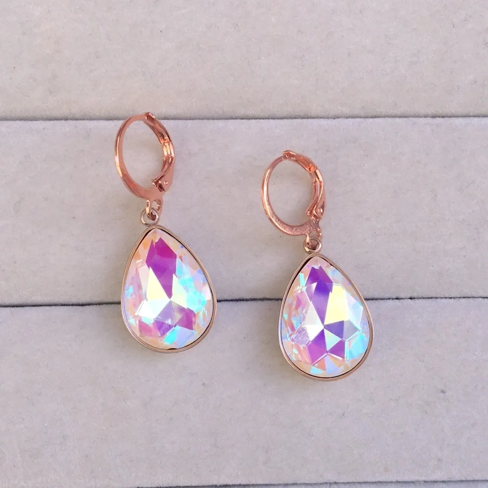 White Aurora Borealis + Rose Gold Crystal Pear Drop Earrings